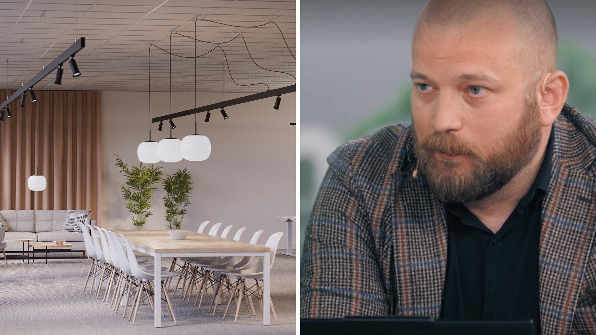 En modern matsalsmiljö med minimalistisk design och en porträttbild av en man med kort hår och skägg.