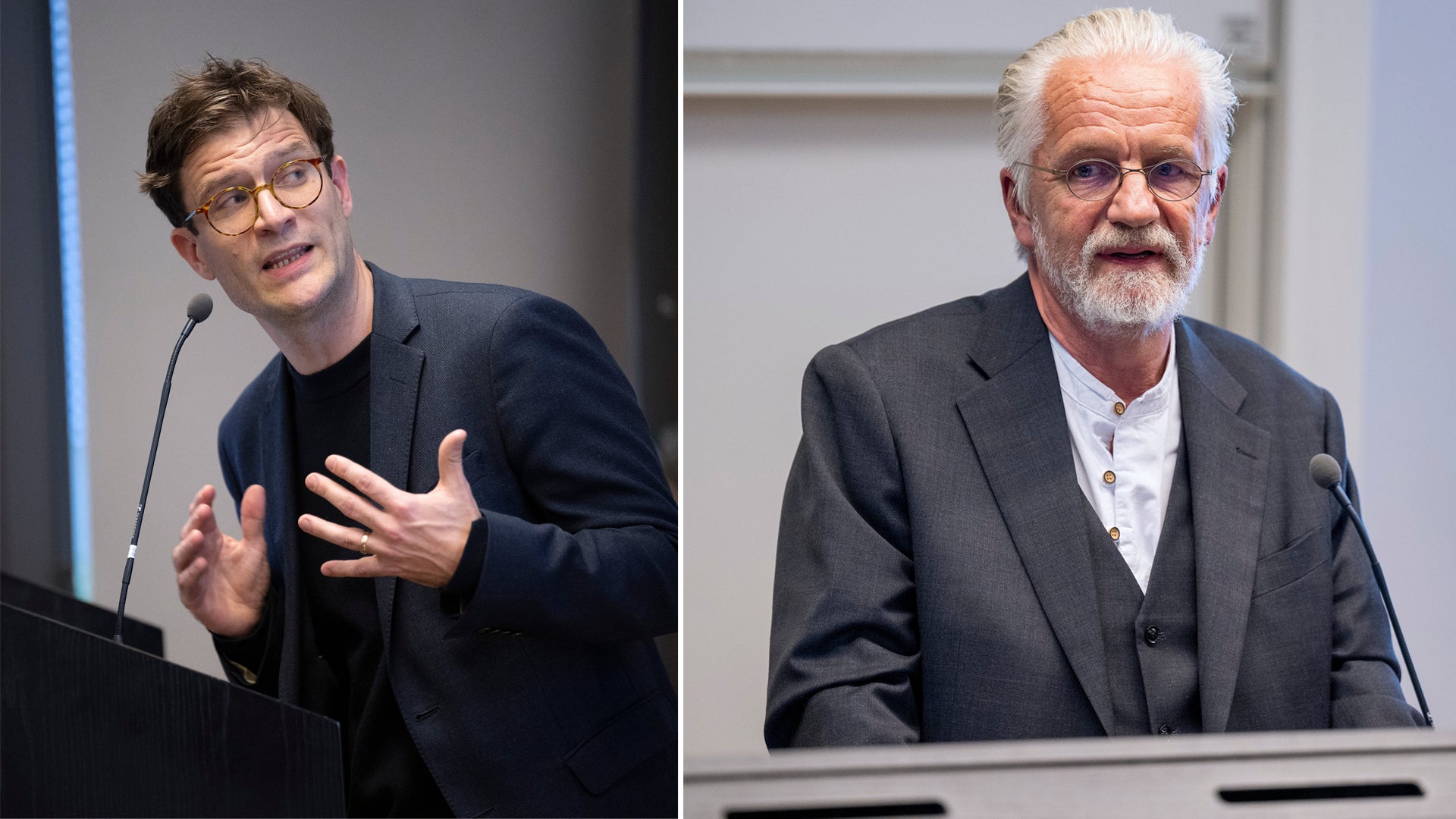 Två collage-bilder av två män som talar i varsin mikrofon vid ett talarbord. 