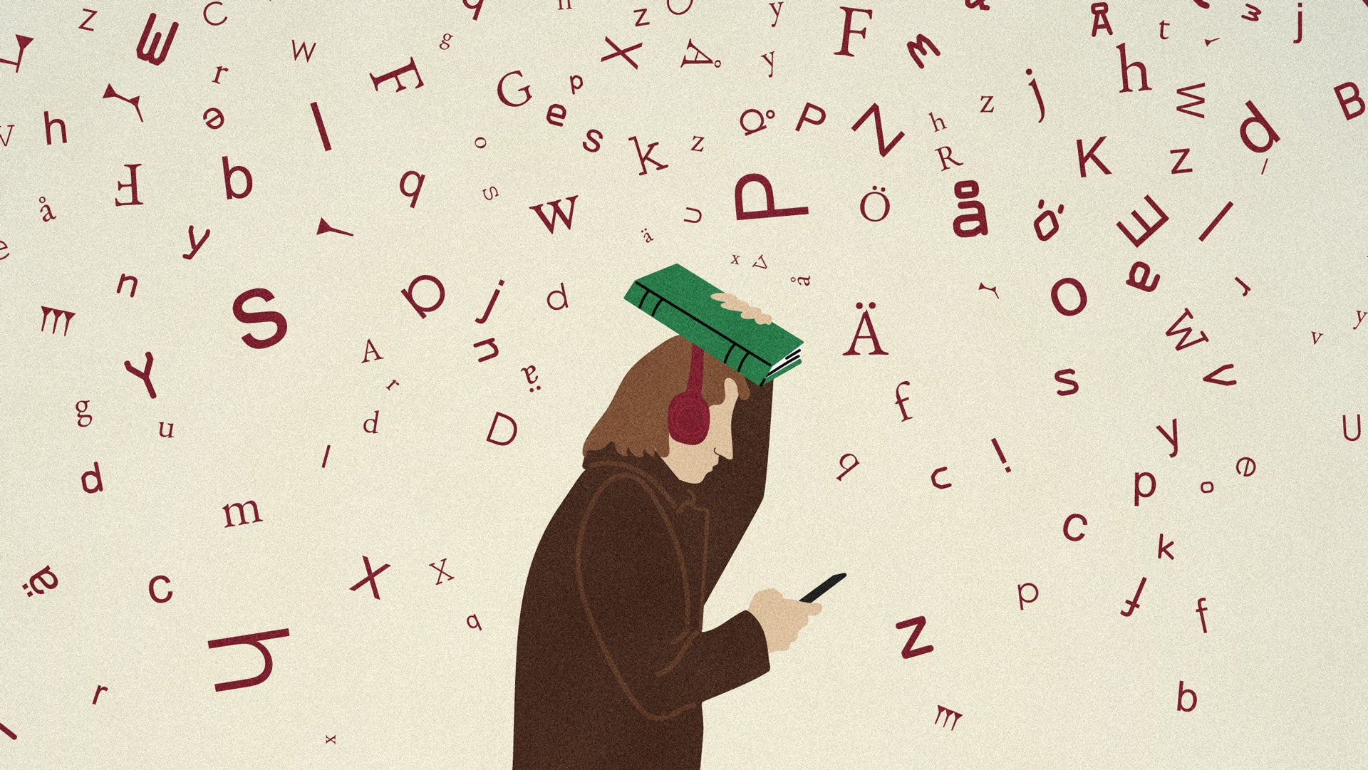 Illustration av en person med hörlurar som går och tittar i sin mobil med en bok över huvudet, omgiven av bokstäver som faller ner.