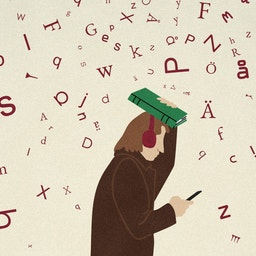 Illustration av en person med hörlurar som går och tittar i sin mobil med en bok över huvudet, omgiven av bokstäver som faller ner.