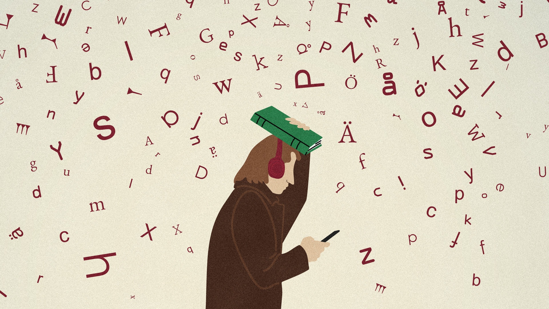 Illustration av en person med hörlurar som går och tittar i sin mobil med en bok över huvudet, omgiven av bokstäver som faller ner.