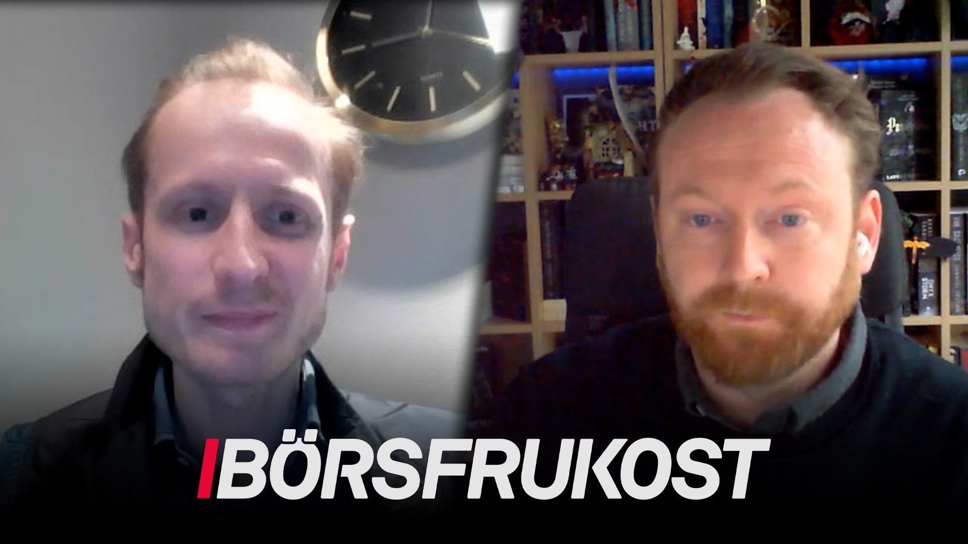 Två män i en videointervju framför en bokhylla. Texten Börserukost visas längst ned på skärmen.