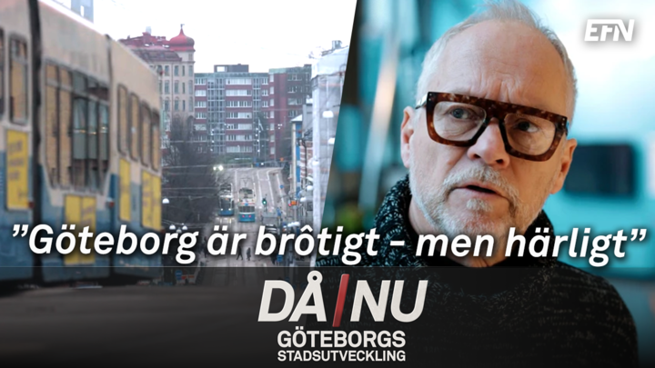 En spårvagn som kör igenom Göteborg till vänster, och Björn Siesjö i tjocka bruna glasögon till höger.