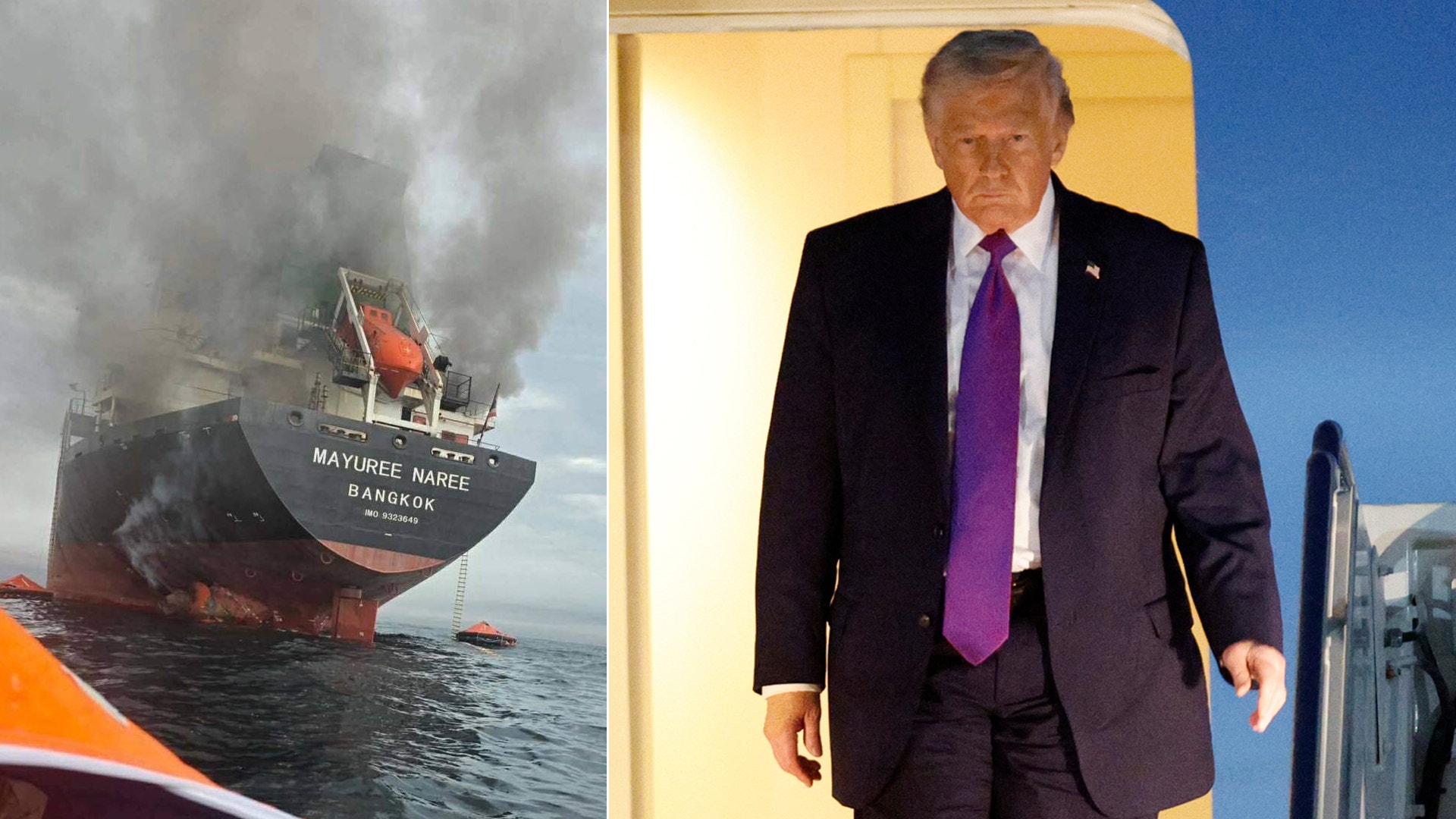 Två bilder: till vänster ett fartyg på havet med rök och lågor, till höger en man i mörk kostym och lila slips.