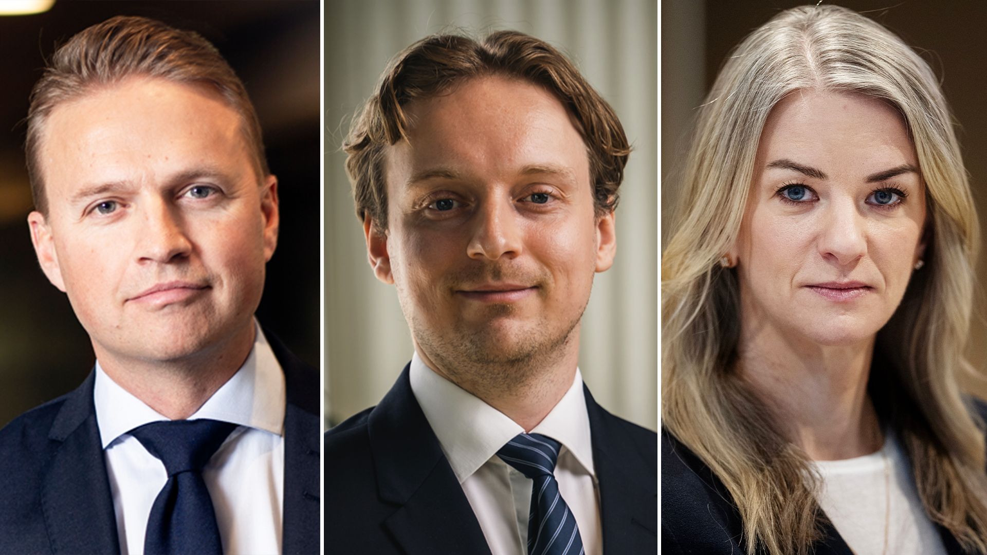 Porträtt av tre personer i kavaj: två män och en kvinna som tittar mot kameran.