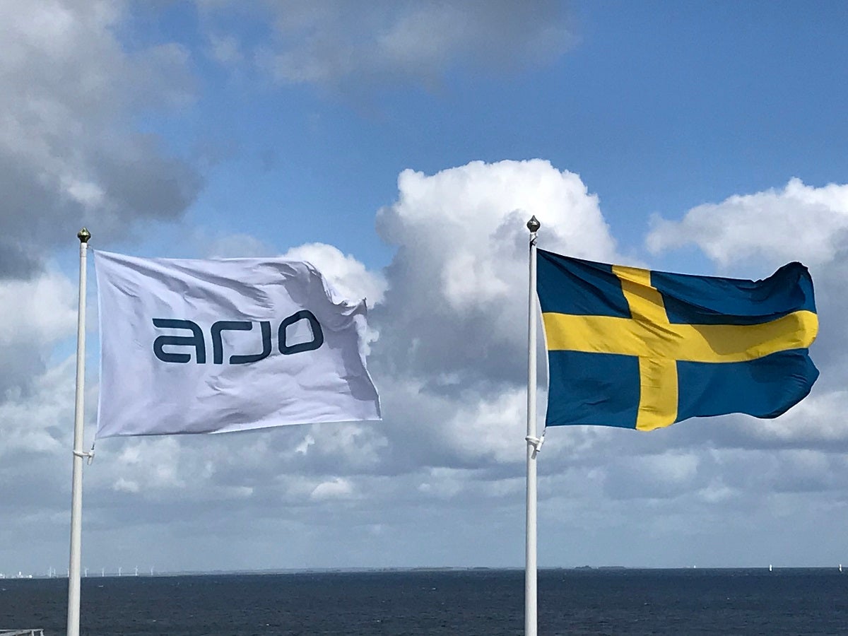 Två flaggor som vajar mot en blå himmel med moln. Till vänster ARJO-flaggan och till höger den svenska flaggan.