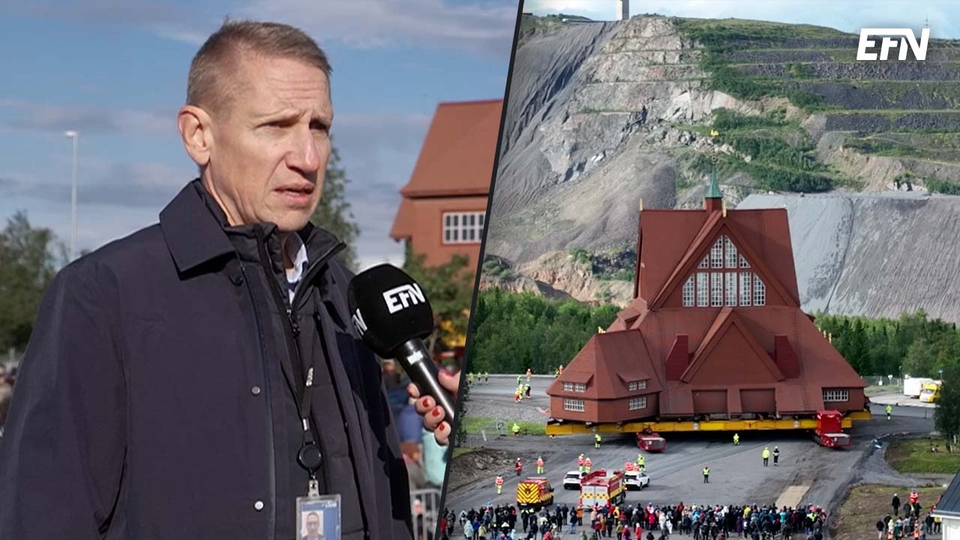 Ett montage där Stefan Hämäläinen blir intervjuad, med kyrkan i Kiruna bredvid.