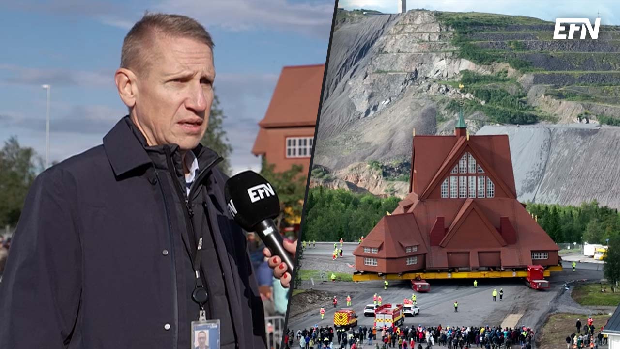 Ett montage där Stefan Hämäläinen blir intervjuad, med kyrkan i Kiruna bredvid.