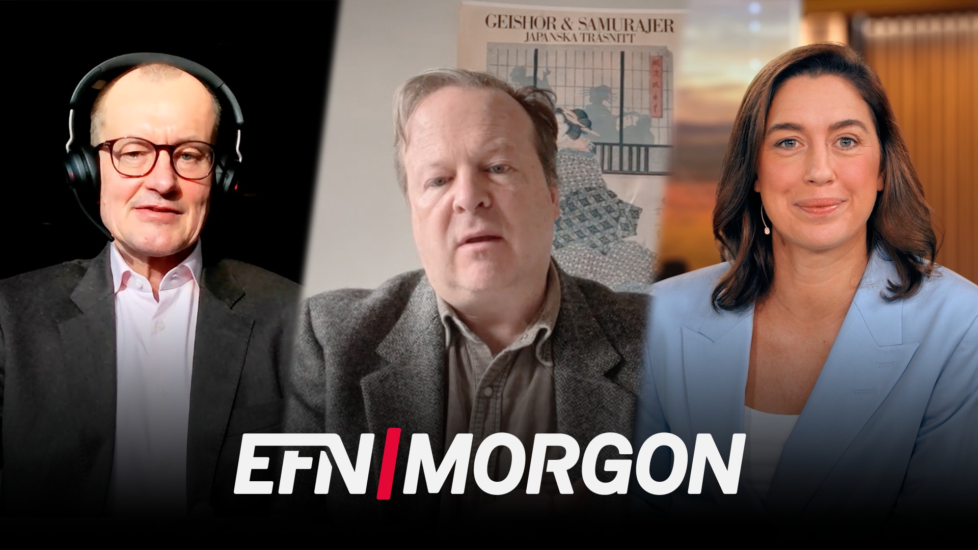 Tre personer i tre bildrutor: en man med hörlurar och glasögon, en man i kavaj och en kvinna i ljusblå kavaj. Under dem syns logotypen EFN Morgon.
