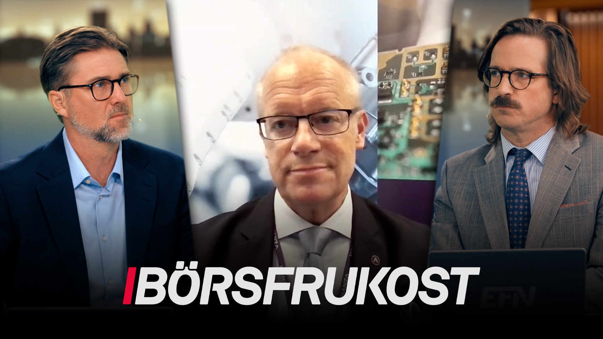 Tre män i professionell miljö. Texten Börsfrukoost visas längst ned på bilden.
