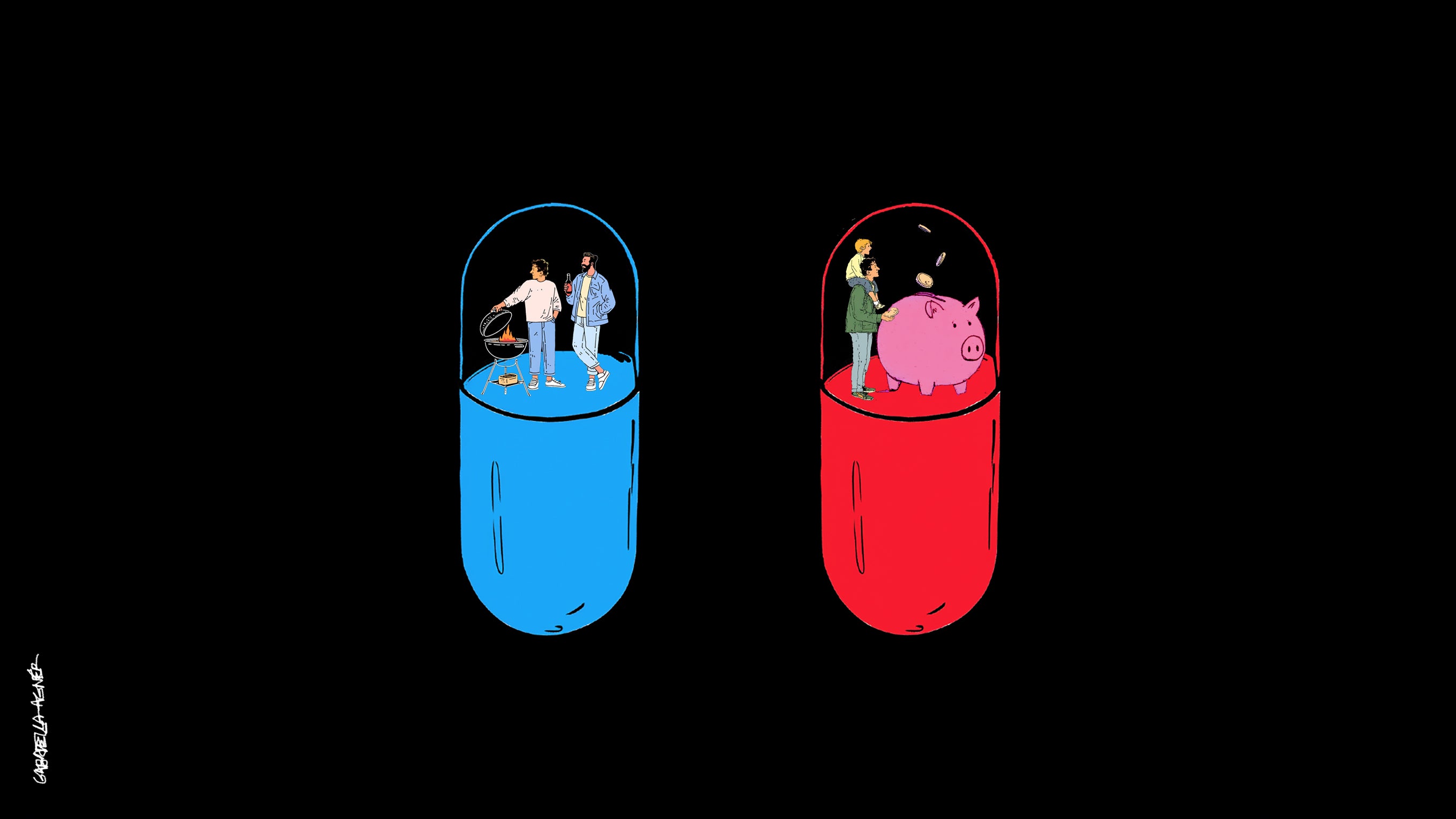 Illustration av två stora piller, en blå och en röd, med små människofigurer inuti varje piller mot svart bakgrund.