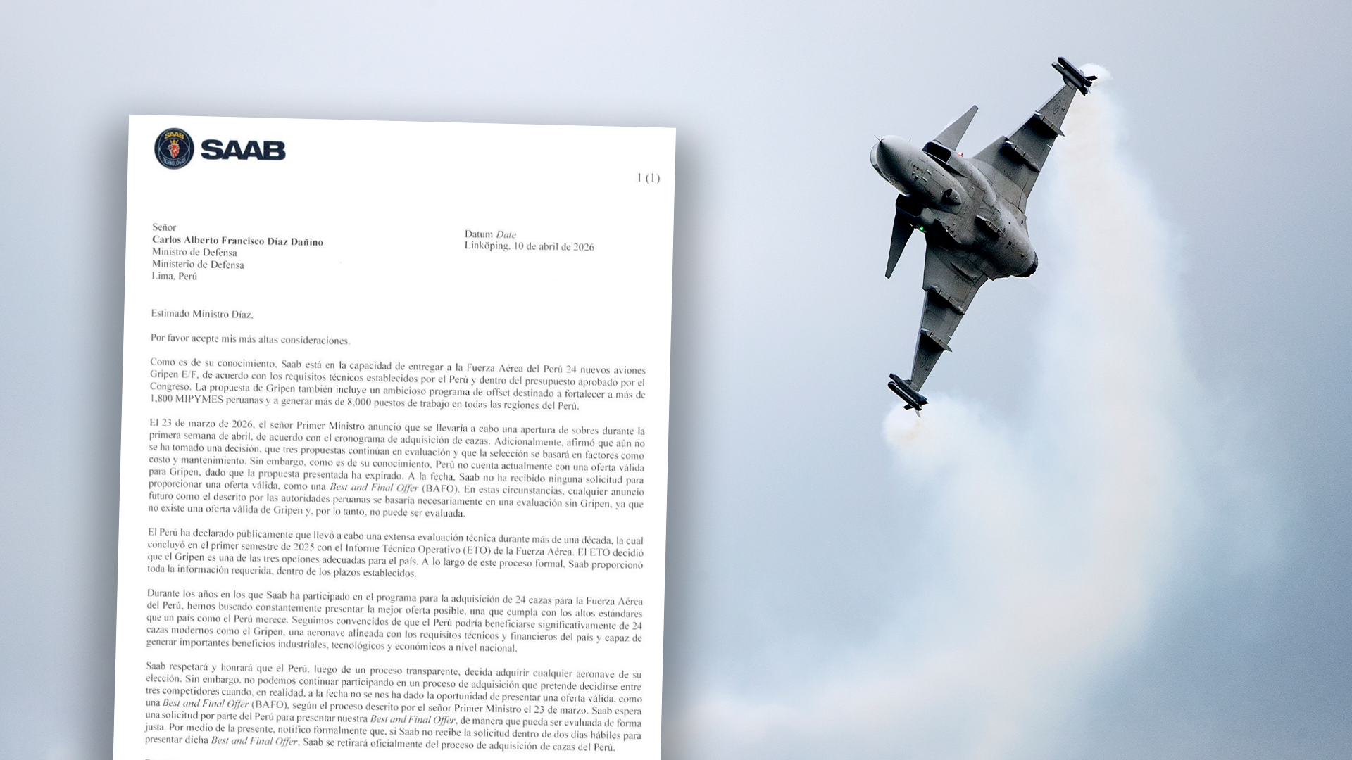 SAAB-dokument och militär stridsflygplan fotograferat från ovan mot ljus bakgrund.