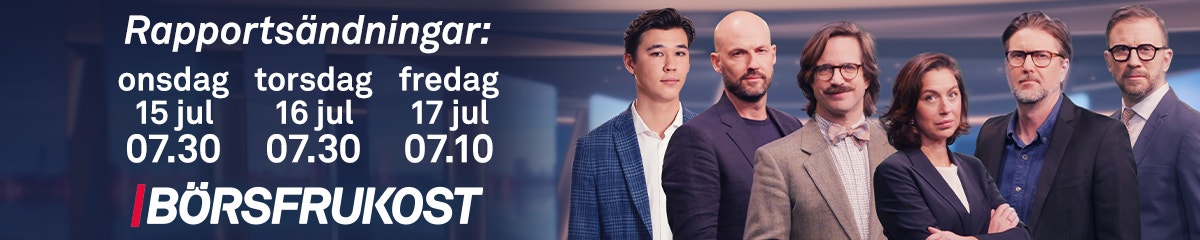 Banner för Börserukost med information om rapportsändningar 15-17 juli och sex personer i professionell kläder.