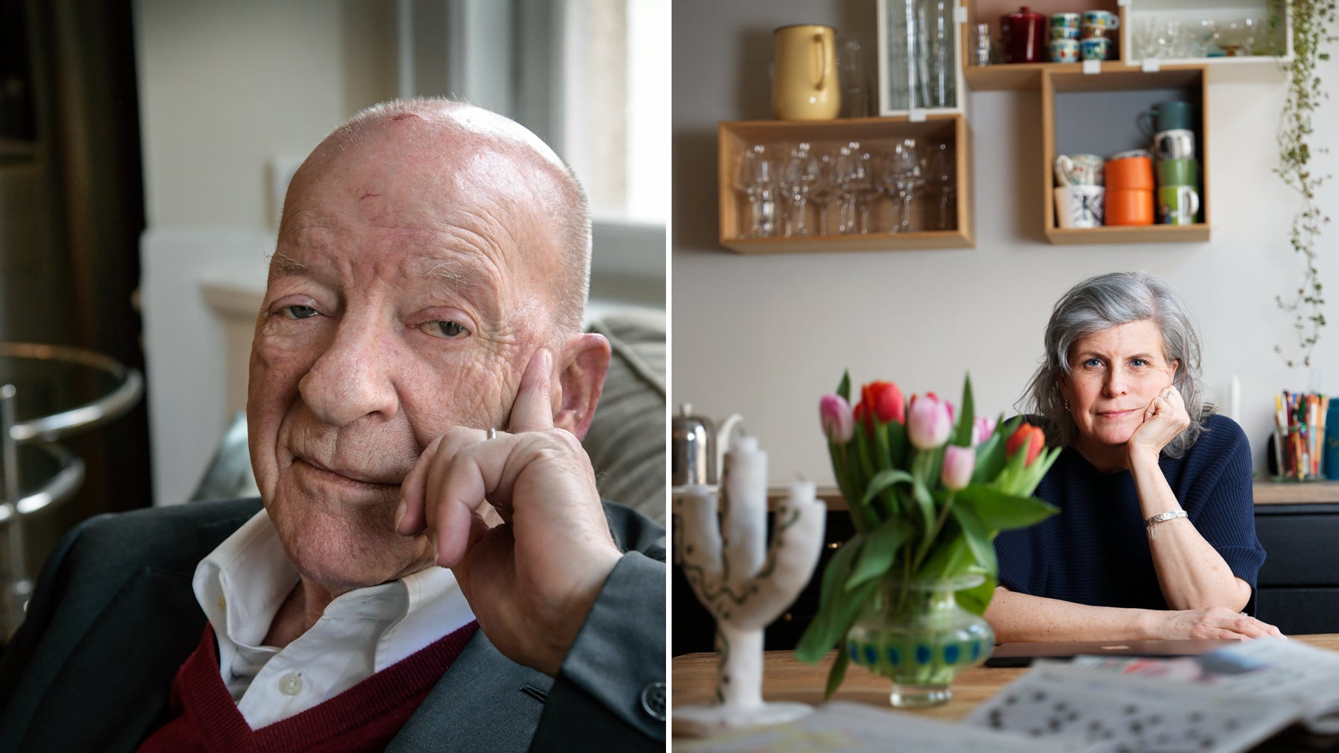 Två porträtt av en äldre man och en äldre kvinna i sina arbetsrum.