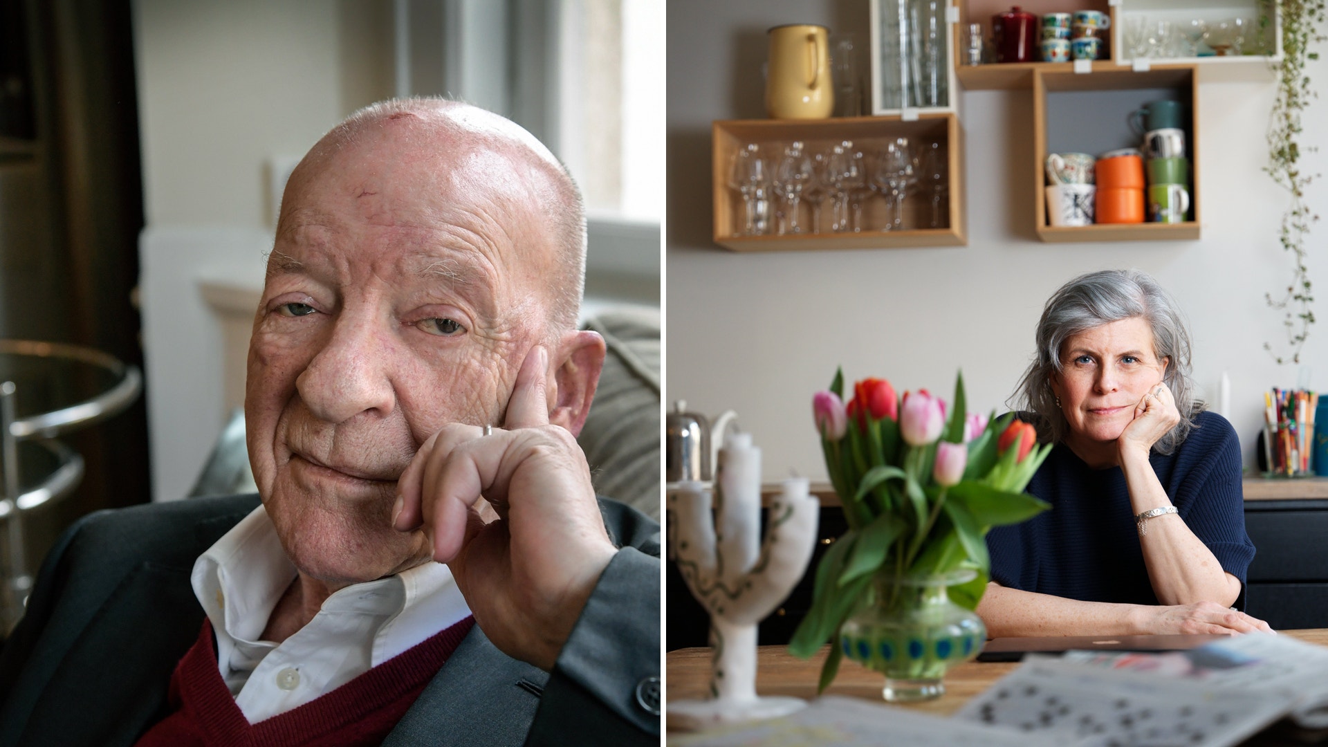 Två porträtt av en äldre man och en äldre kvinna i sina arbetsrum.