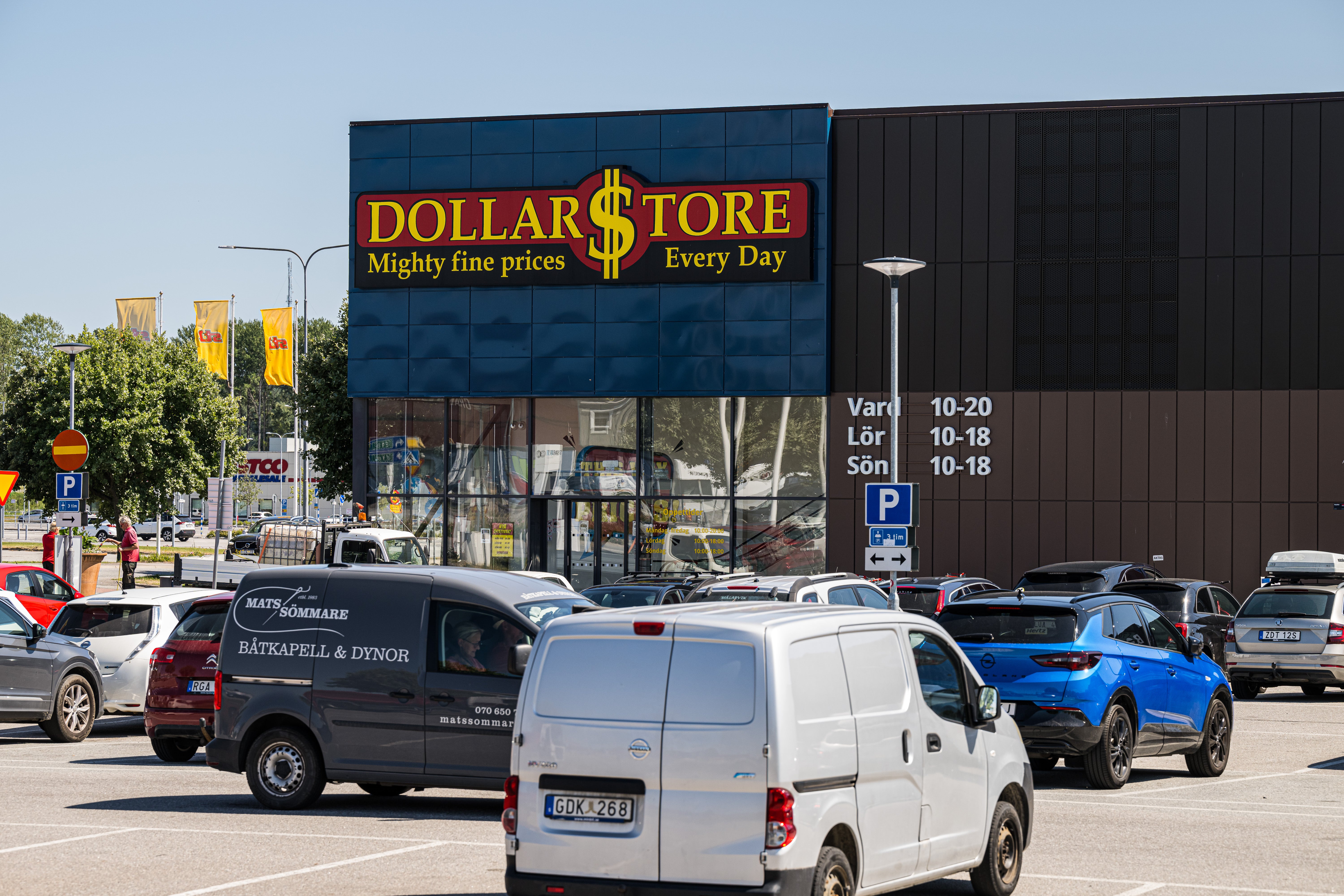 En Dollar Store-butik med blå fasad och gul logotyp. Framför butiken ligger en parkering med parkerade bilar.