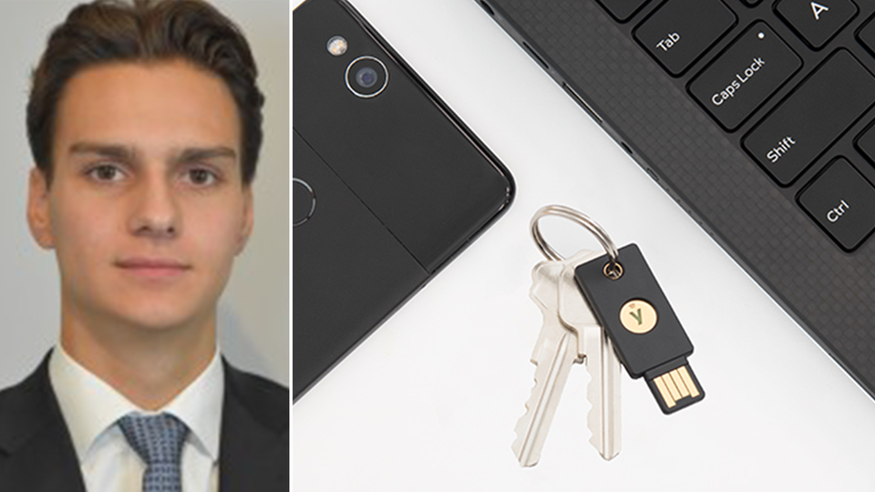 Georg Attling, aktieanalytiker på Pareto till vänster. Bild på säkerhetsnyckel från Yubico till höger.