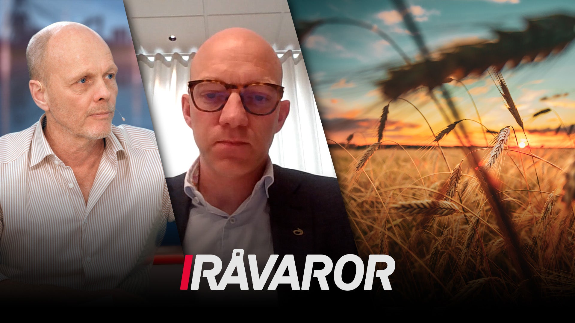 Två män och ett vetfält vid solnedgång med texten Råvaror