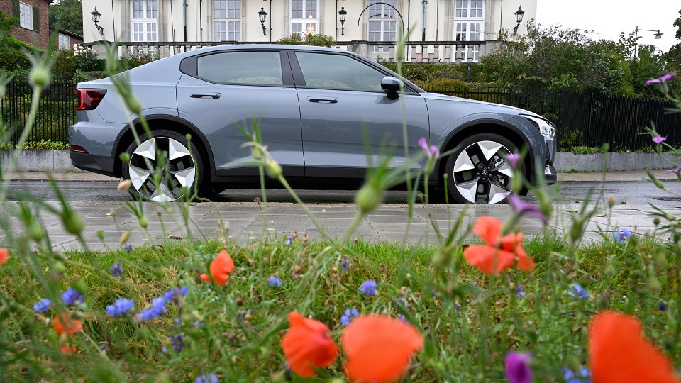 En Polestar-bil bakom ett fält med blommor.
