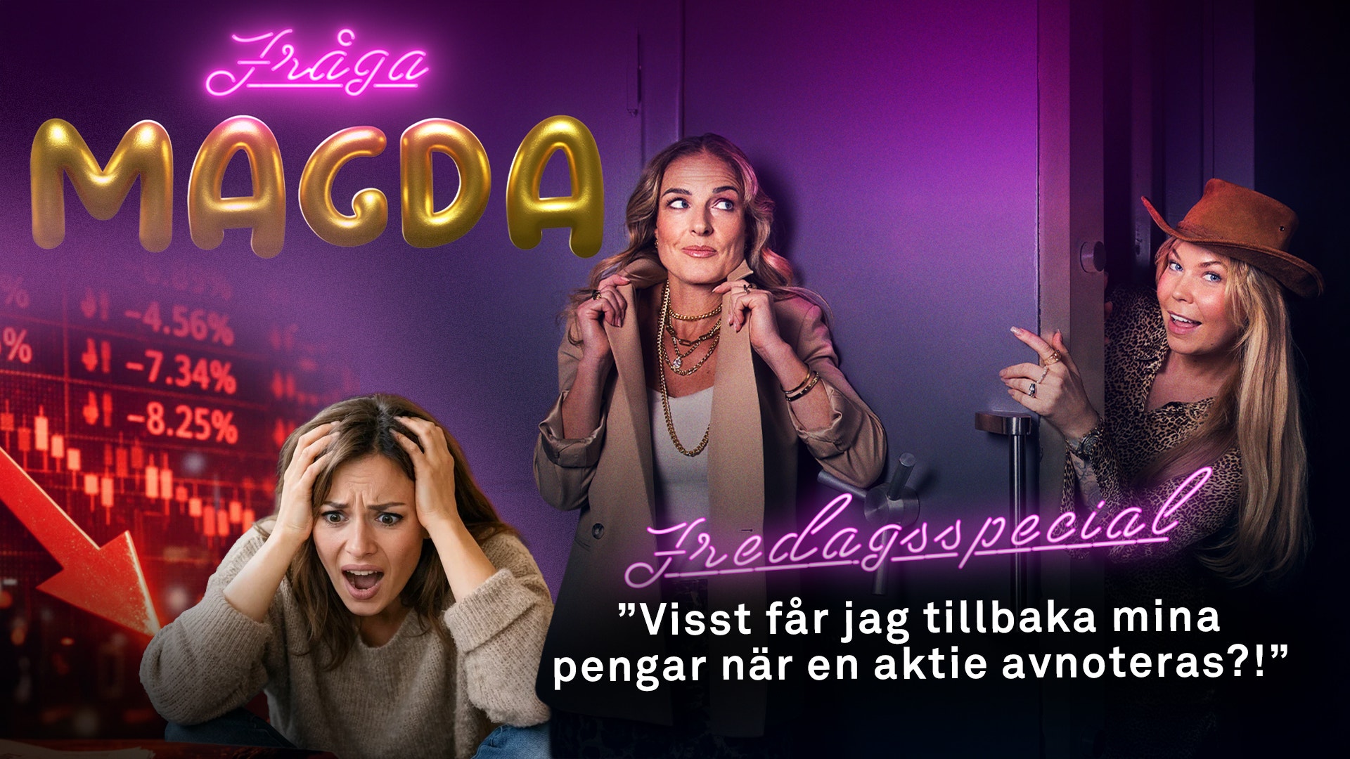 Tre kvinnor i en neonbelyst miljö med finansiella element och text om aktier och investeringar.