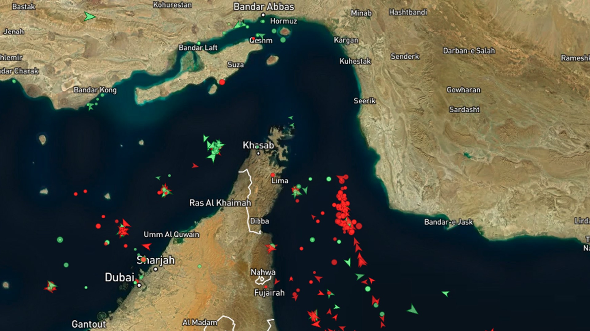 Satellitöversikt över Persiska golfen med städer och platsmärkningar längs kusten