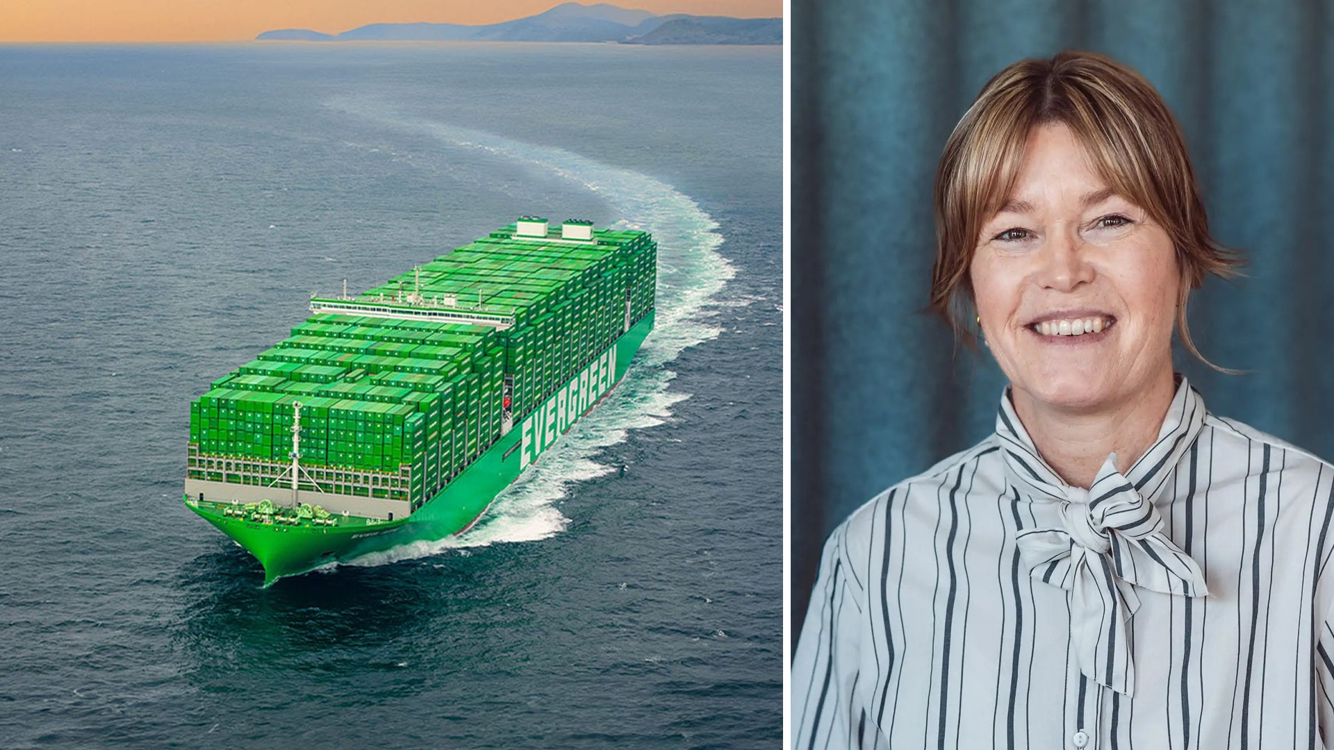 Sammansatt bild med ett grönt containerfartyg på havet till vänster och ett porträtt av Anna Taranger till höger.