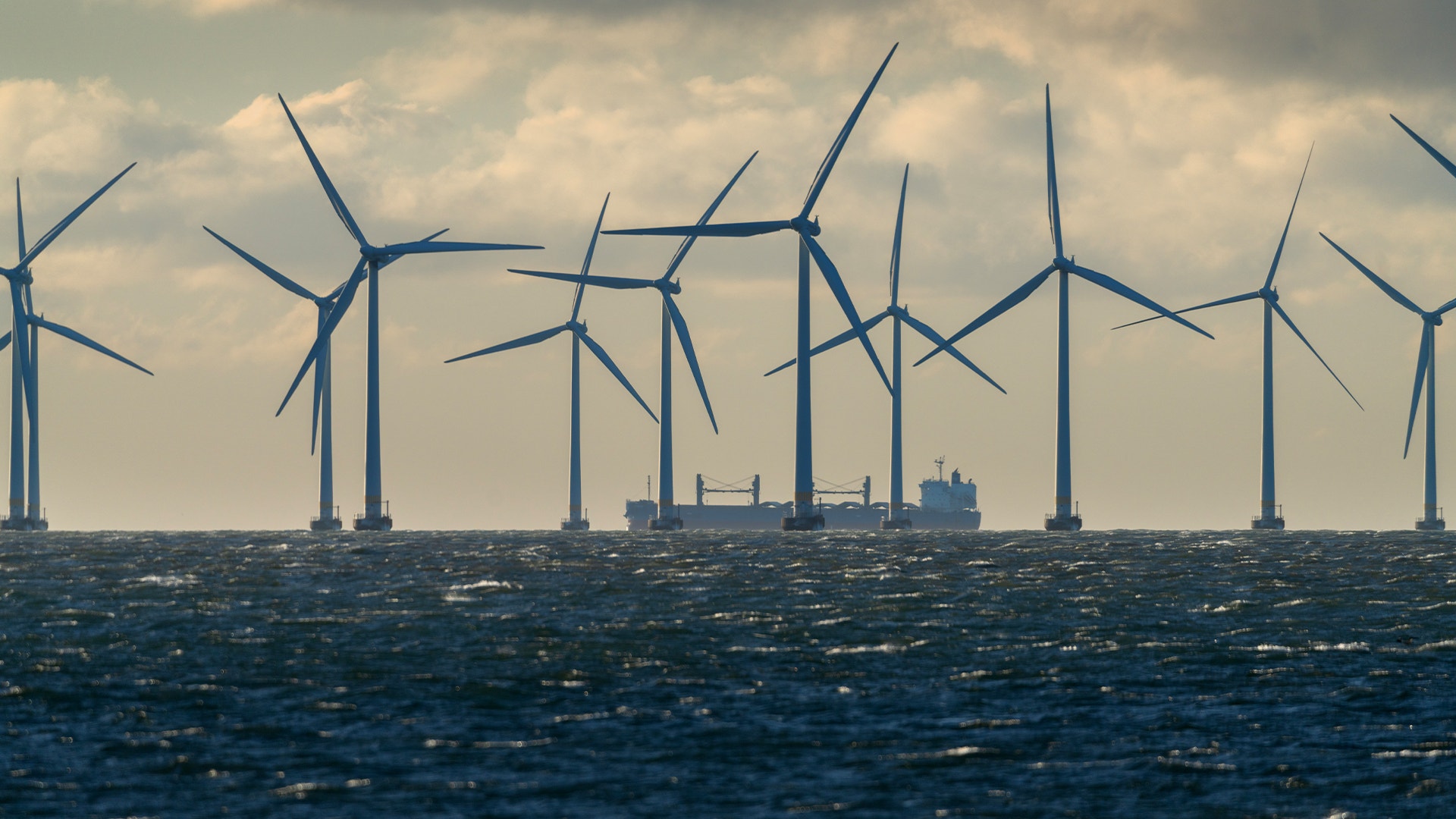 Havsbaserad vindkraftpark med flera vindkraftverk på öppet vatten