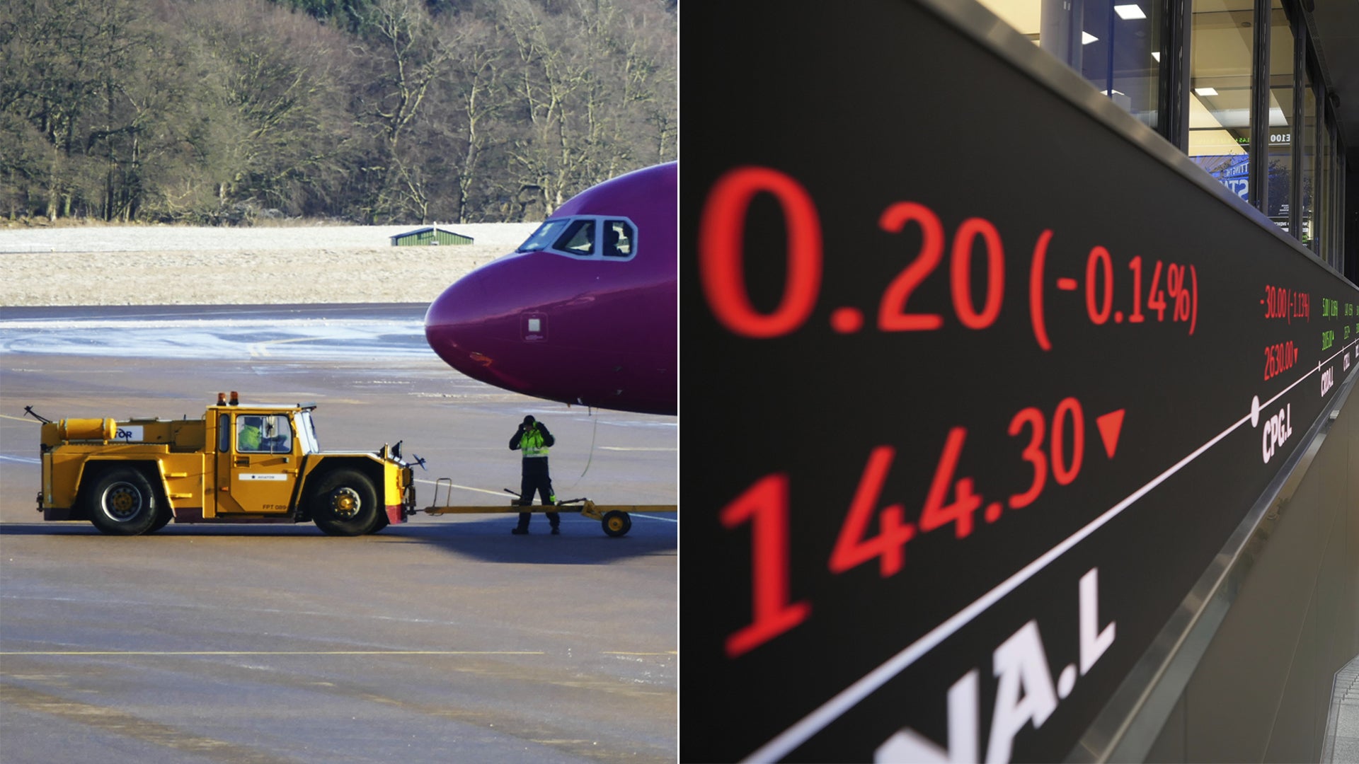 Kollage med flygplan på landningsvägen och aktiekursvisning