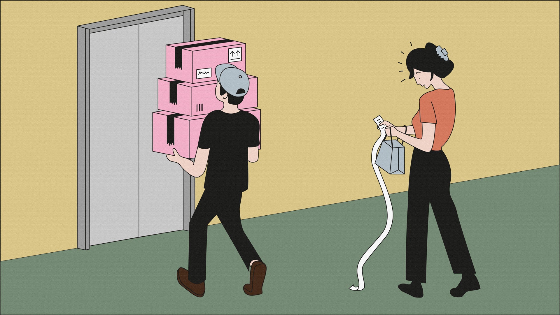 Illustration av en person som bär flera paket förbi en hiss, medan en annan person går med en telefon och en shoppingpåse.