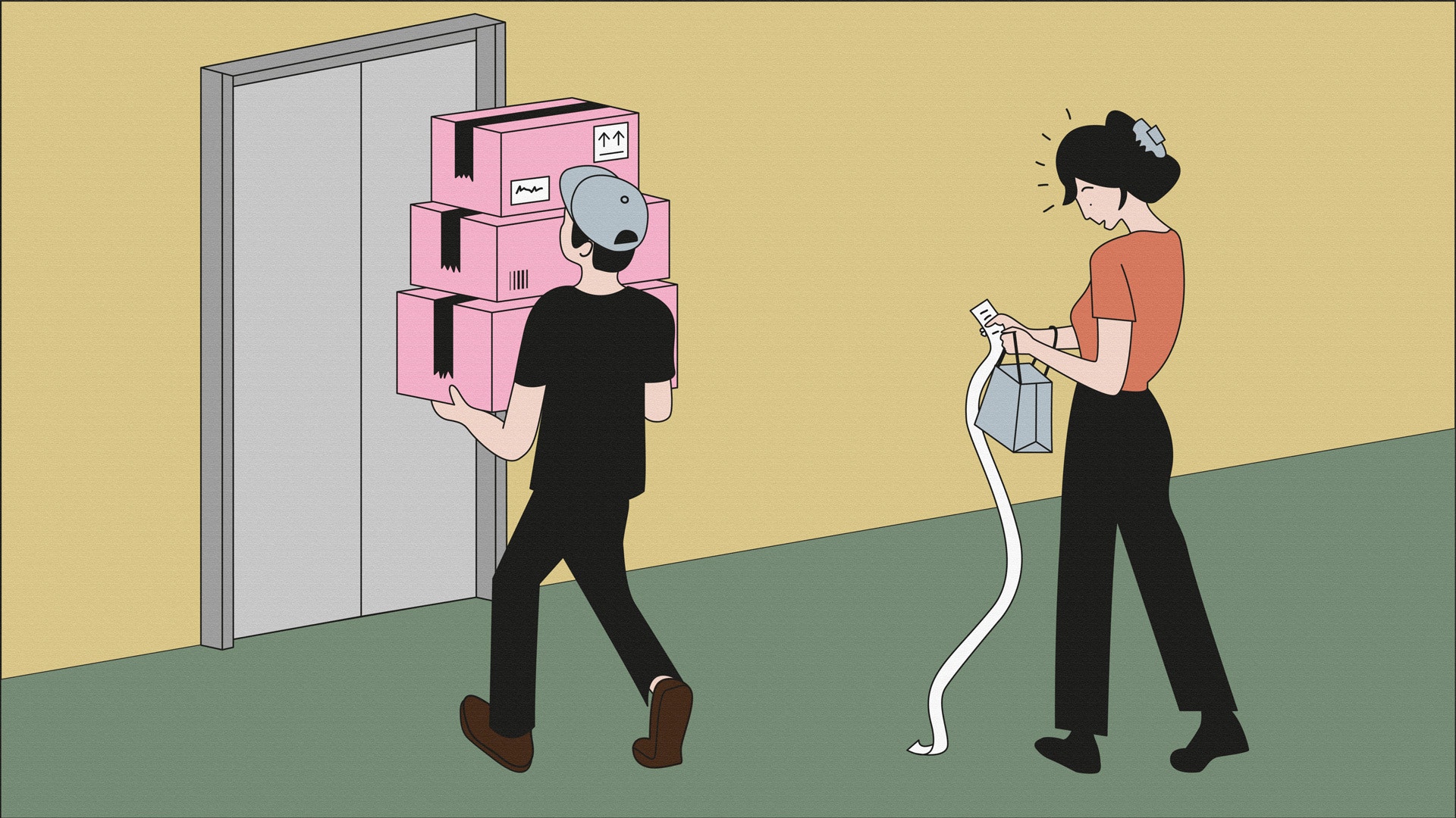 Illustration av en person som bär flera paket förbi en hiss, medan en annan person går med en telefon och en shoppingpåse.