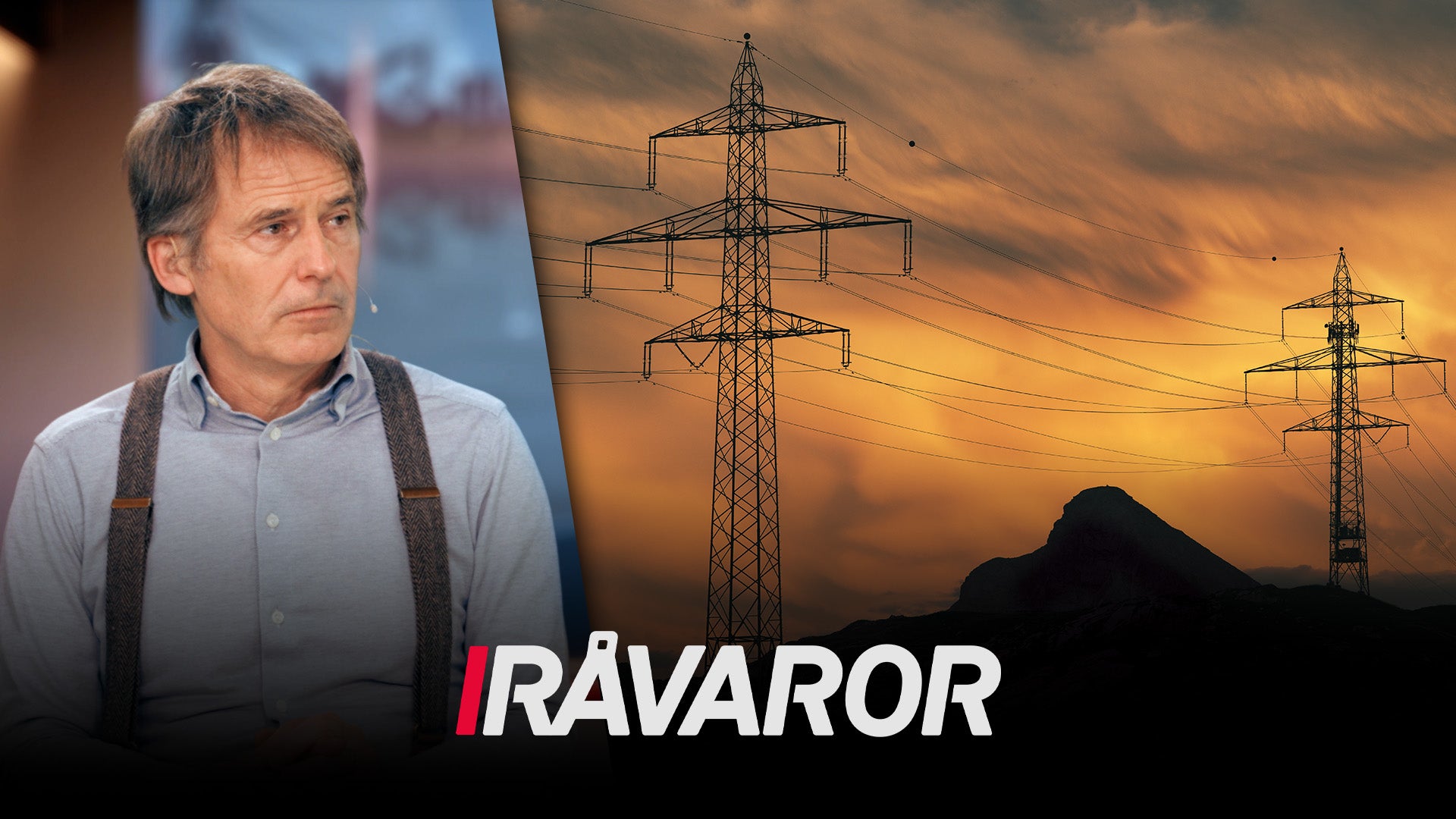 Man och kraftledningar mot solnedgång med texten Råvaror