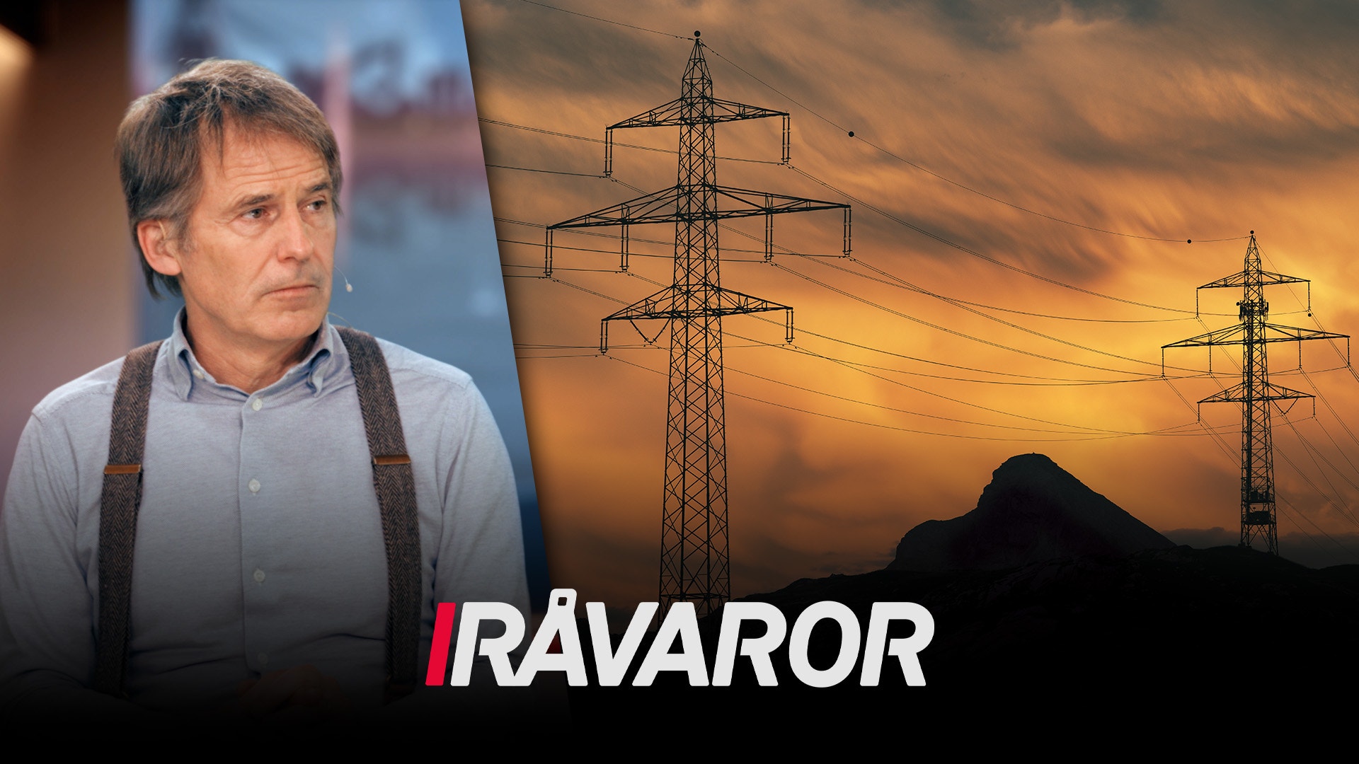 Man och kraftledningar mot solnedgång med texten Råvaror