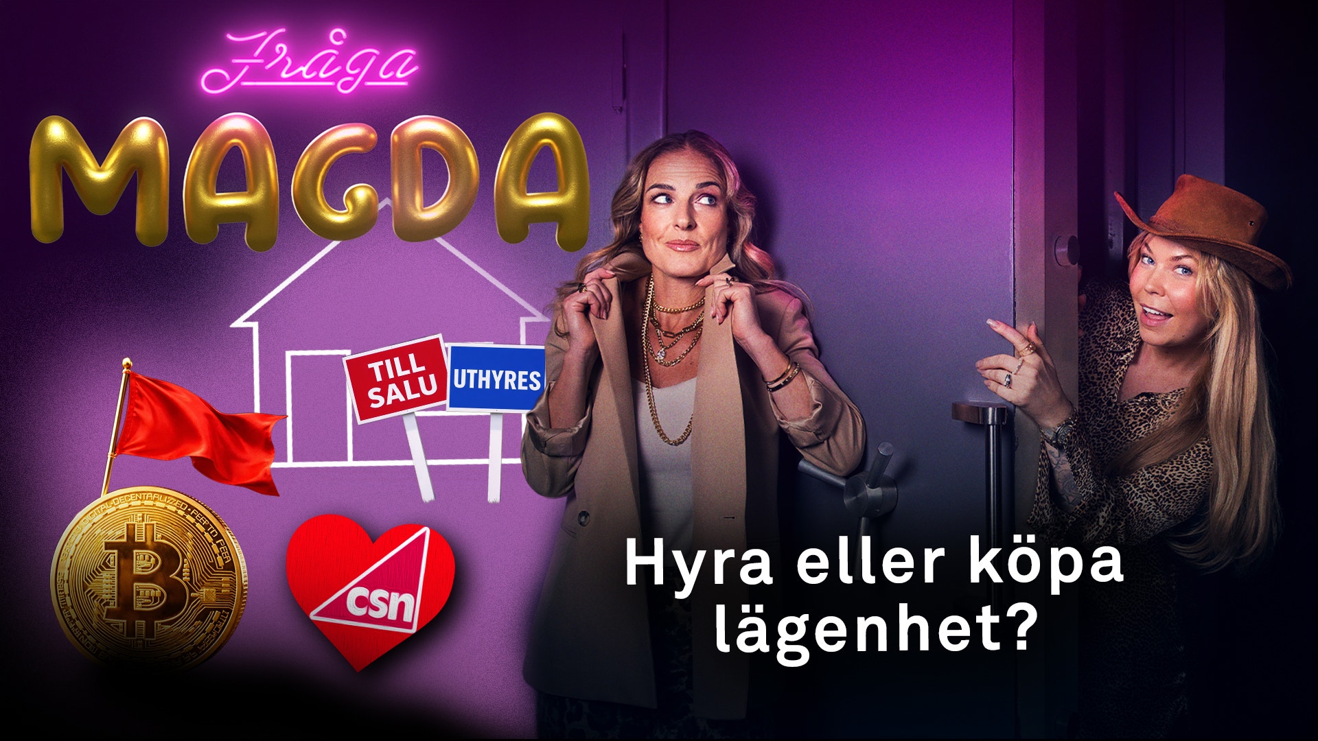 Två kvinnor framför lila neonljus med symboler för kryptovaluta och ekonomi