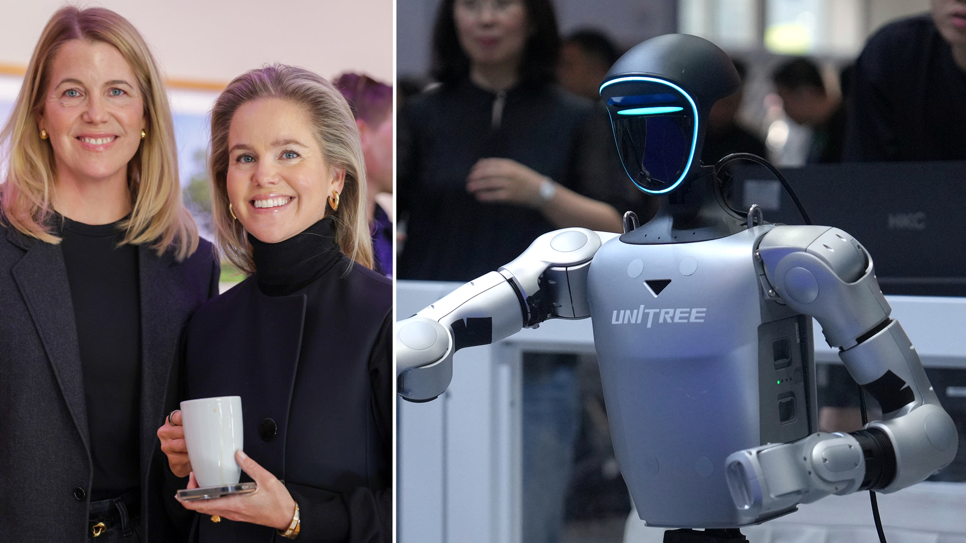 Sammansatt bild med två kvinnor i svarta kläder på vänster sida och en humanoid robot med blå ögon märkt uniTREE på höger sida.