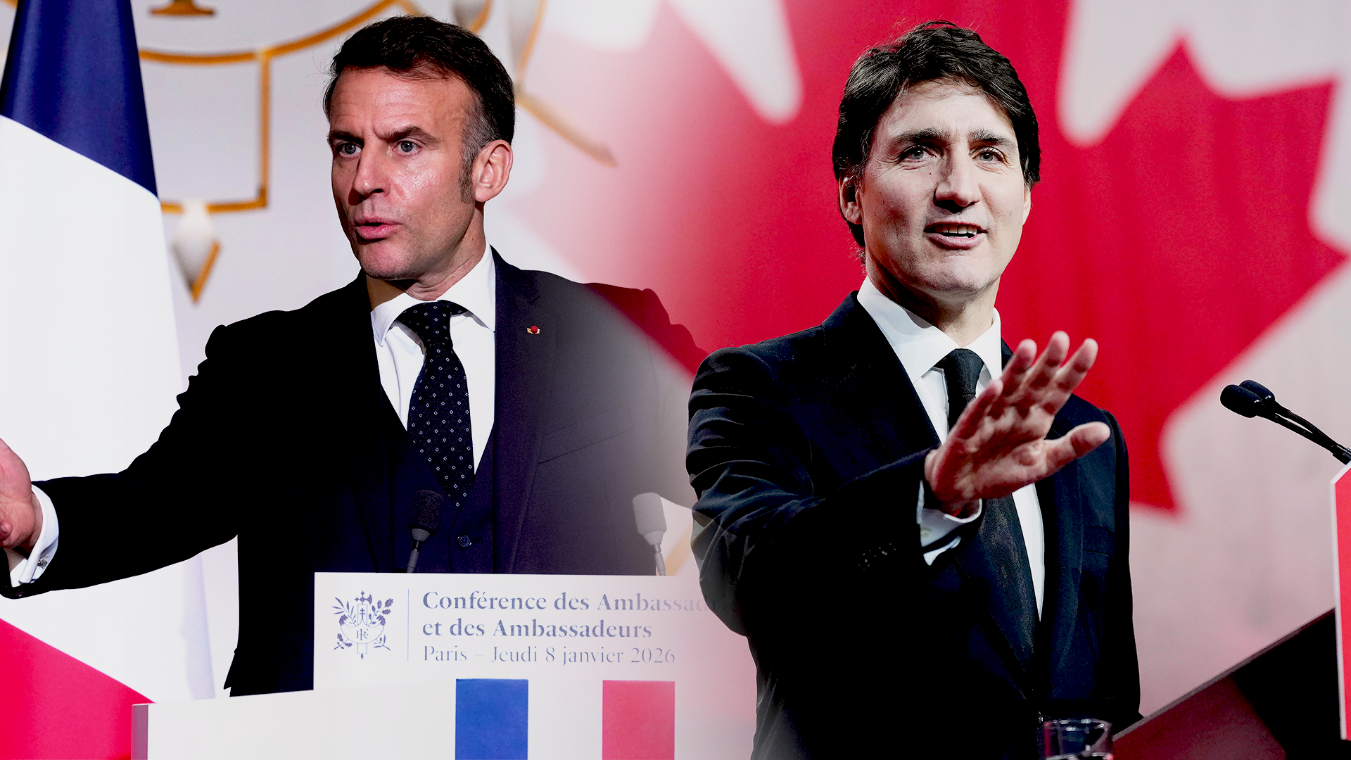 Två män i kostym vid ett officiellt event med fransk och kanadensisk flagga i bakgrunden.