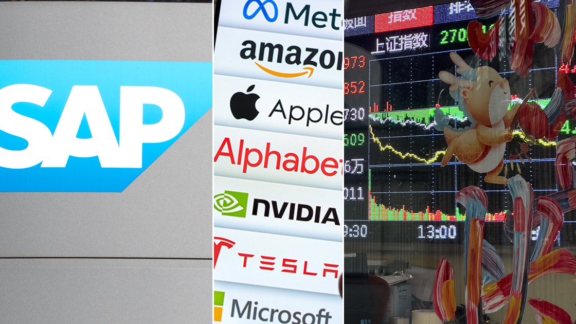 Ett montage med SAP:s logga, en lista över Magnificent Seven-bolagen, samt en tavla med börs-index.