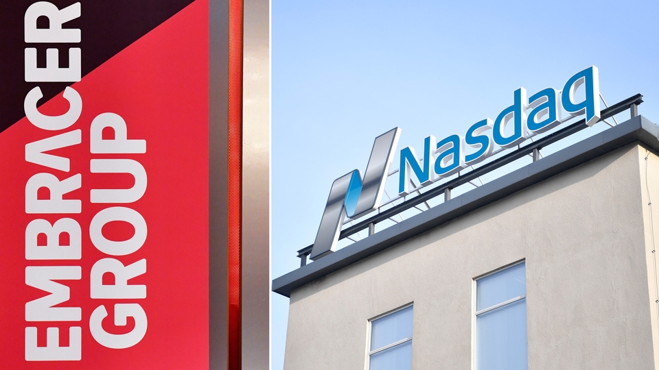Embracers logga till vänster. Bild på Nasdaq-hus till höger.