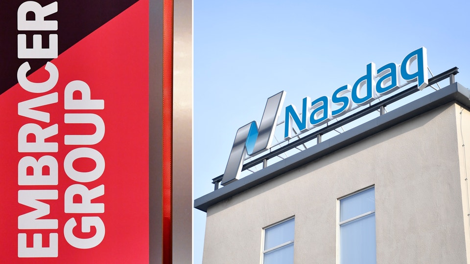 Embracers logga till vänster. Bild på Nasdaq-hus till höger.