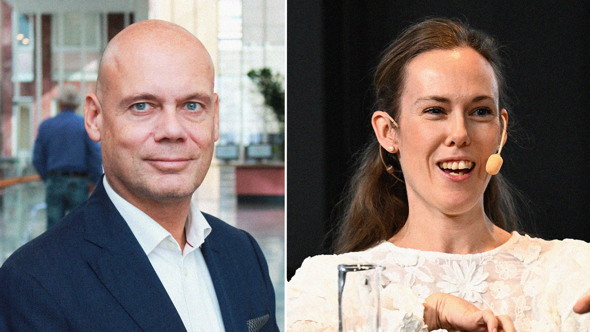 Porträtt av två personer. En man i mörkblå kavaj och en kvinna i ljus klänning.