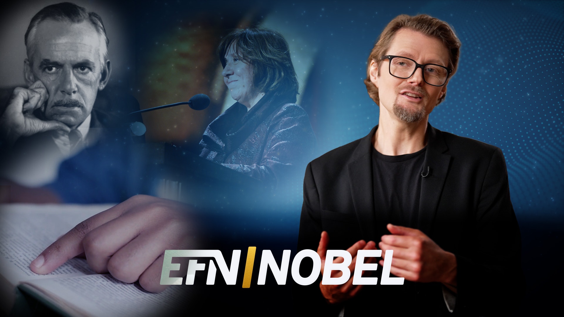 En man med glasögon och skägg berättar framför en blå bakgrund. Bakom honom syns porträtt av två personer och en hand som pekar i en bok. Längst ned står EFN Nobel.