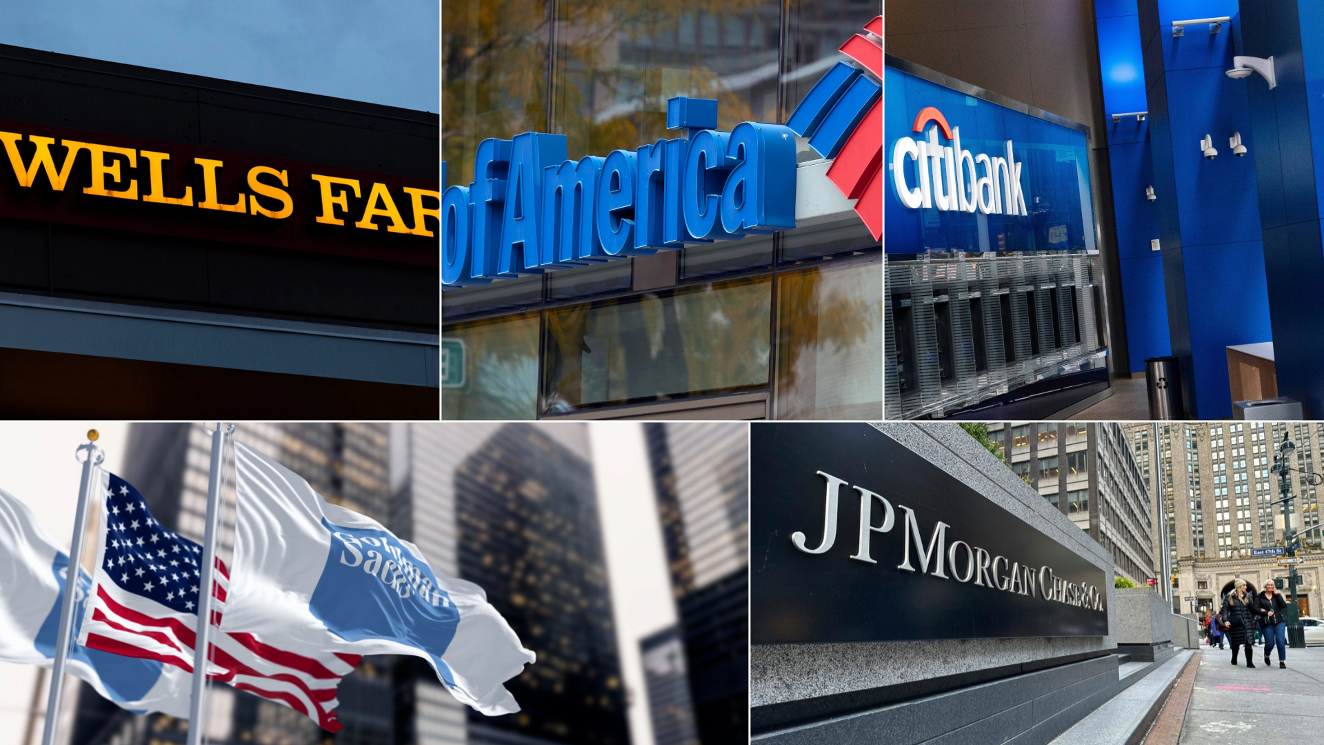 Kollage med logotyper från fyra amerikanska storbankerna: Wells Fargo, Bank of America, Citibank och JPMorgan Chase visade på byggnader och fasader.