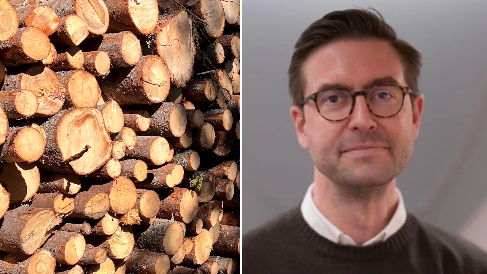 En sammansatt bild med staplade trävirkesbitar på vänster sida och en porträttfoto av en man med glasögon på höger sida.