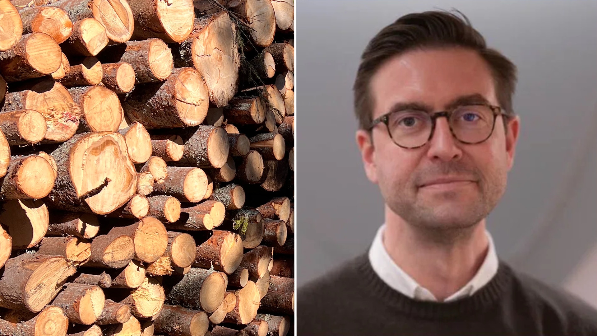 En sammansatt bild med staplade trävirkesbitar på vänster sida och en porträttfoto av en man med glasögon på höger sida.