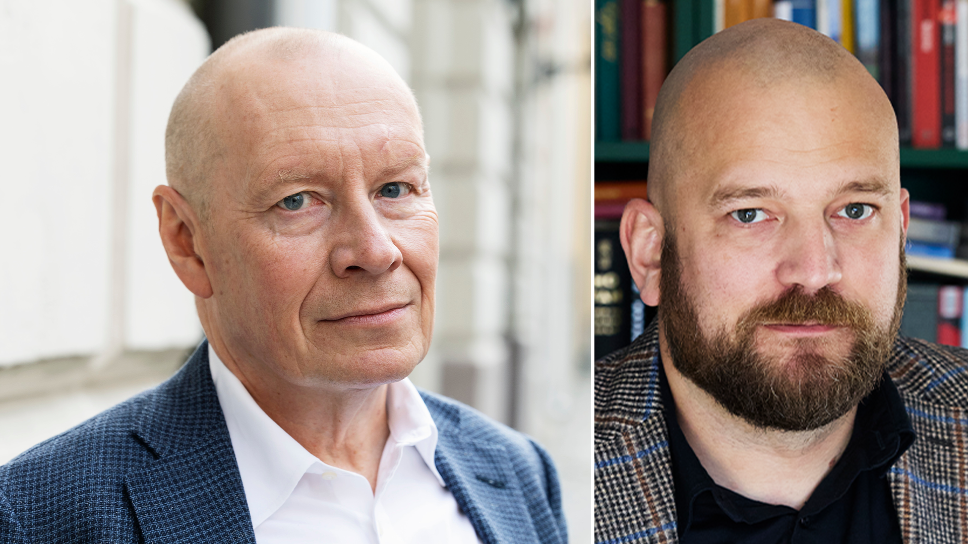 Porträtt av två kala män. Mannen till vänster bär kavaj och vit skjorta, mannen till höger har skägg och mönstrad kavaj.
