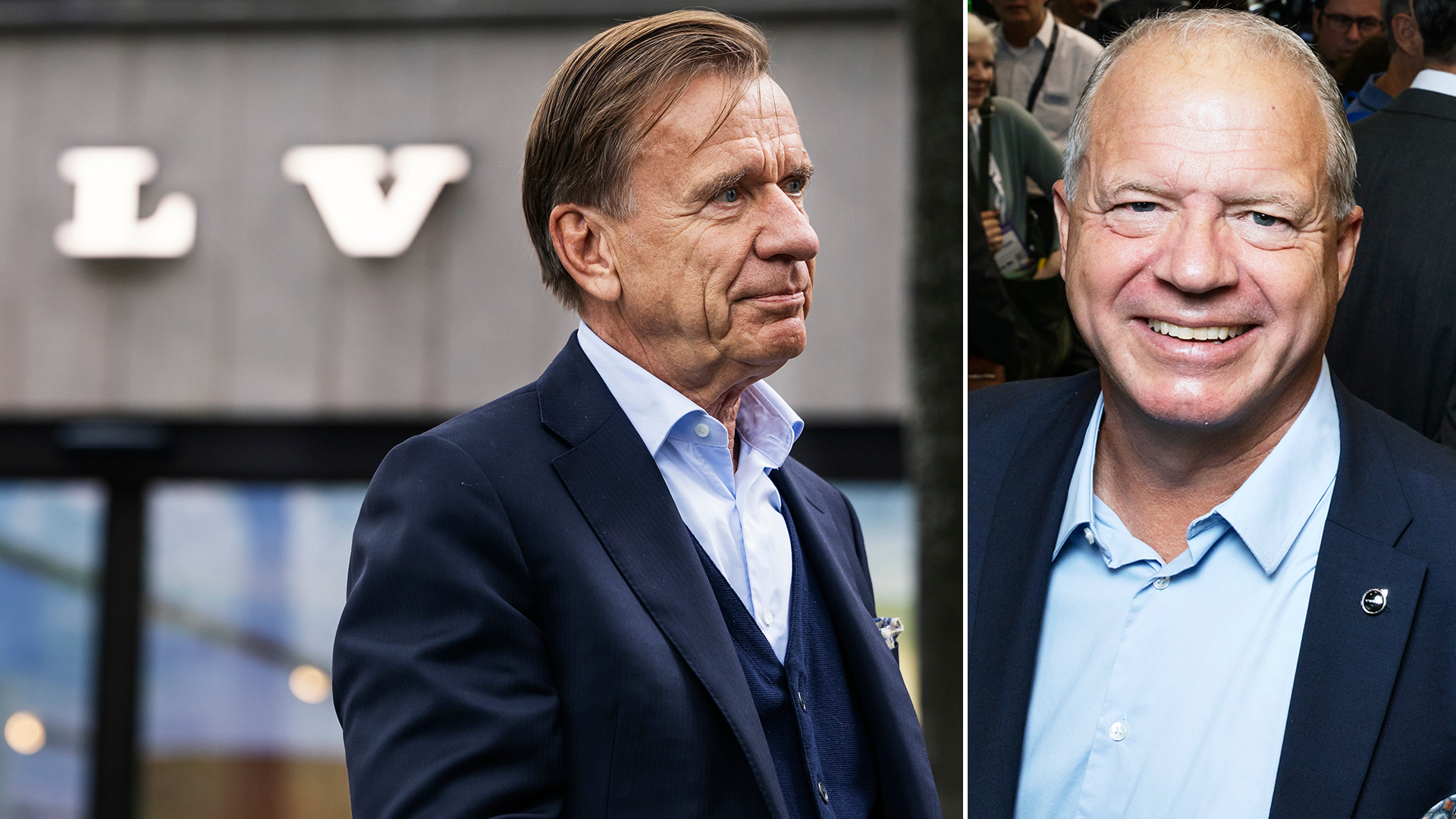 En bildkollage med två män i kavaj, fotograferade utomhus vid en byggnad med bokstäverna "LV" på fasaden.