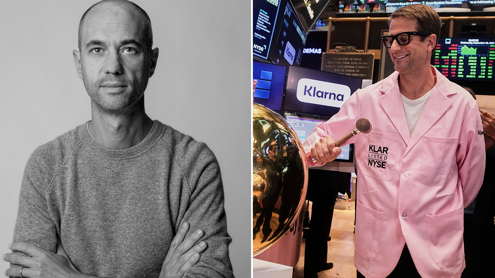 Porträttbild av en man i två olika miljöer - en svartvit studioporträtt och ett foto från en börs eller handelsplats.