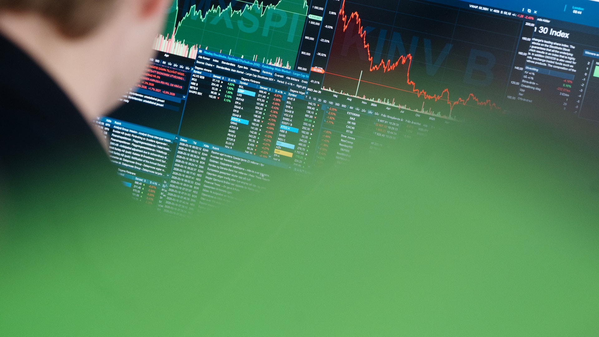 Person tittar på aktiemarknadskurser och finansiella diagram på datorskärmar.