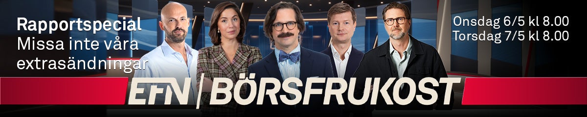 Banner för EFN Börsfrukoost med fem män i affärskläder. Texten anger sändningstider: Onsdag kl 8.00 och Torsdag kl 8.00. Rapportspecial Missa inte våra extrasändningar.