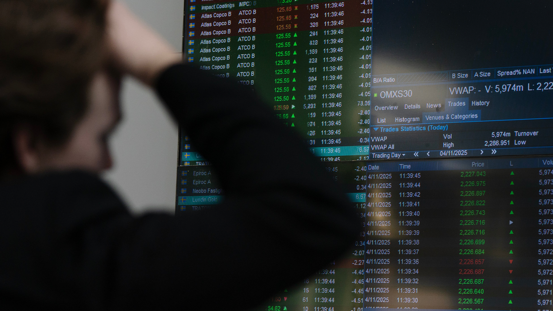 Person som studerar aktiemarknadsinformation och handelsdata på en datorskärm