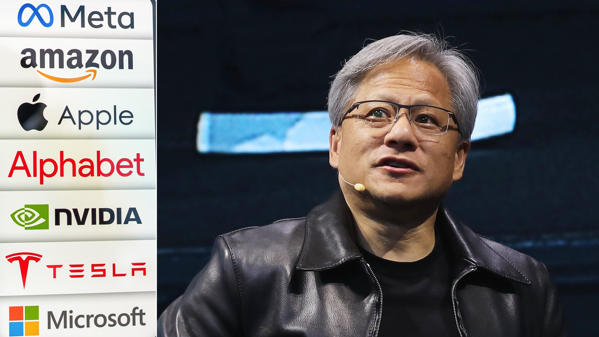Man med grått hår och glasögon i svart läderrock talar framför mörk bakgrund. Till vänster visas logotyper för stora teknikföretag som Meta, Amazon, Apple, Alphabet, NVIDIA, Tesla och Microsoft.